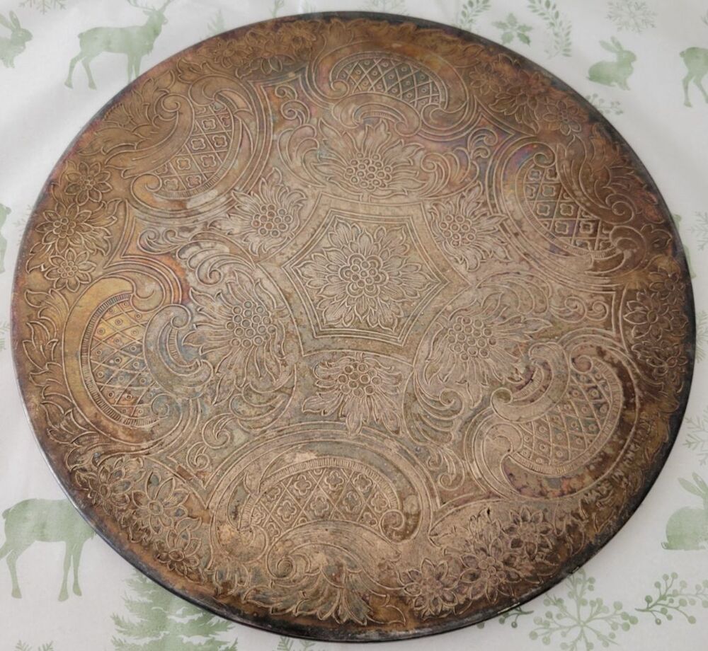 Made in England Vintage Round Embossed Tray Ornate Floral Boho Decor - Picture 2 of 9